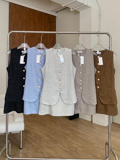 Women Sleeveless Button Down Tops With Mini Skirts Sets
